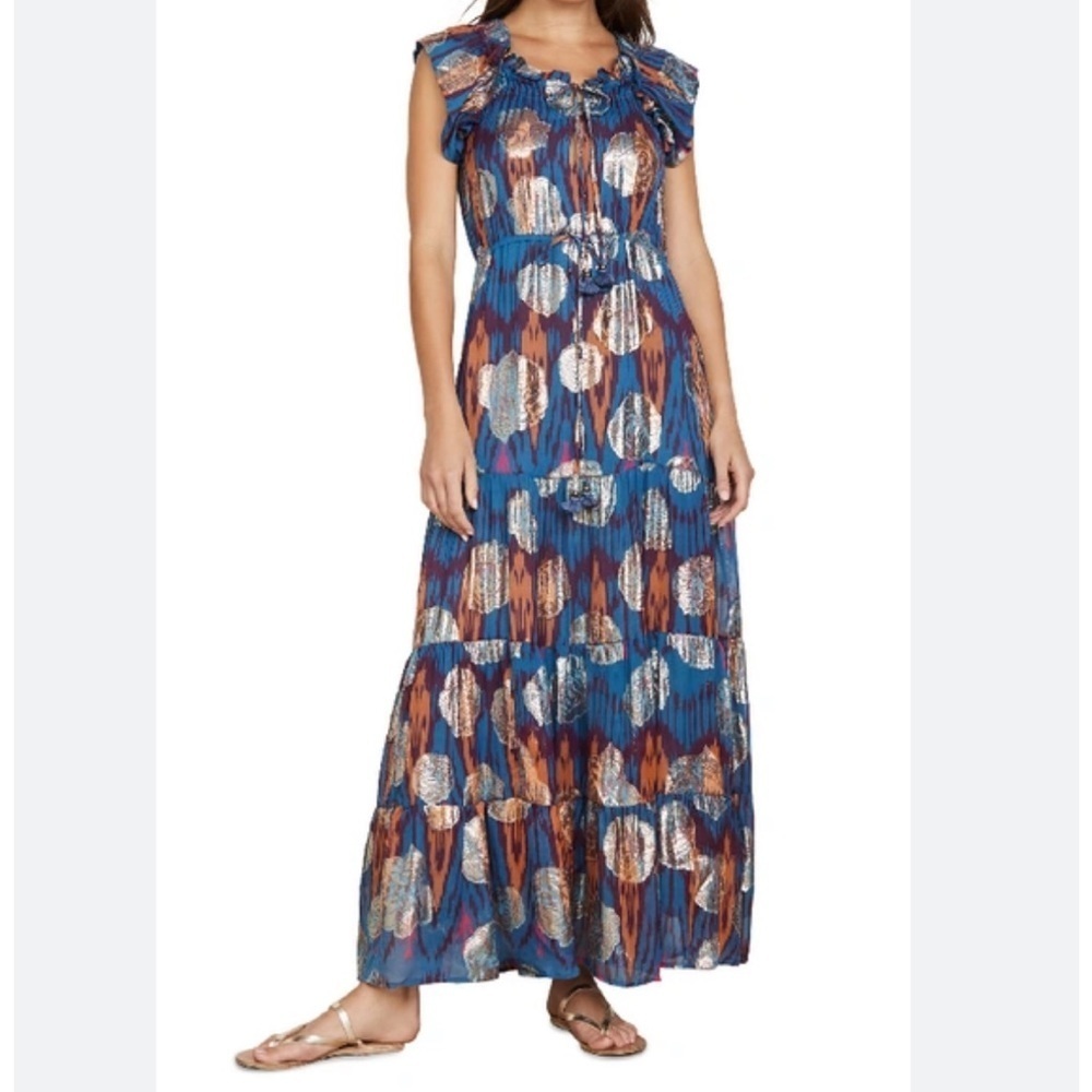 NEW Figue Gianna Metallic Printed Silk-Blend Dress Size L